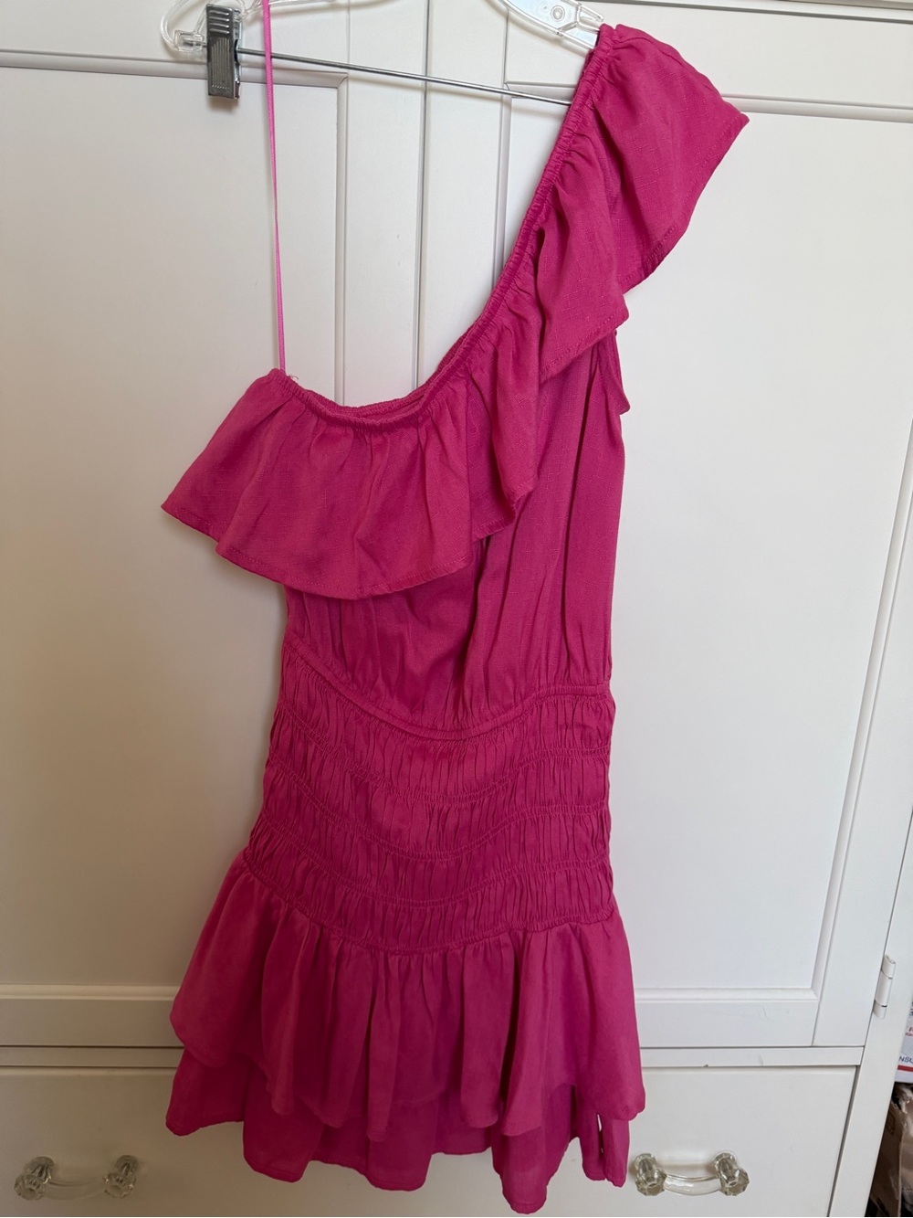 glam One-Shoulder Ruffle Mini Dress in Fuchsia